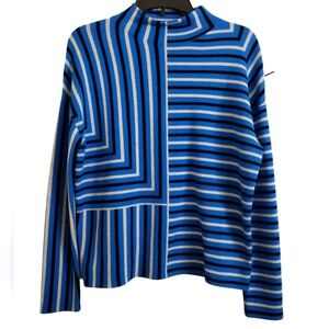 Akris Punto Blue White Black Striped Mock Neck 100% Wool Sweater